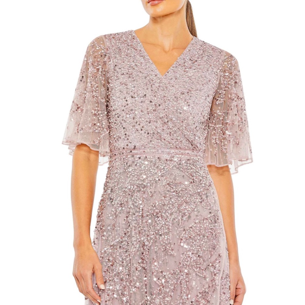 Mac Duggal Sequined Butterfly Sleeve High Low Chiffon Gown In Vintage Lilac -NWT - Picture 4 of 15